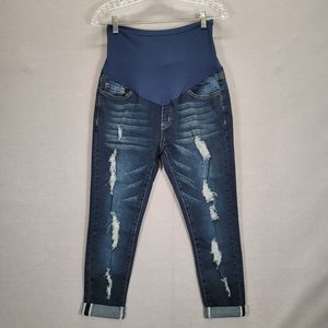 Angel Kiss Womens Maternity Slim Skinny Jeans Blue Distressed Stretch Denim Sz M